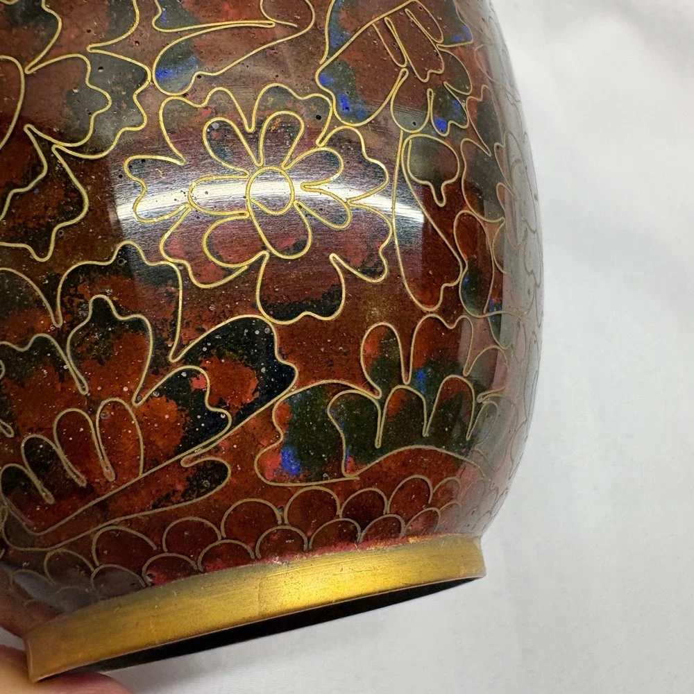 Vintage Cloisonne Enamel Vase Small Red Floral Brass 4.75in Good Chinoiserie